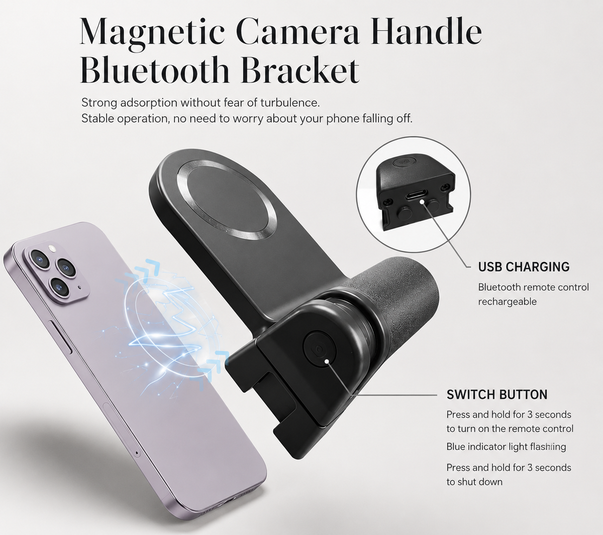 Premium Magnetic Phone Holder Stand MagSafe Compatible Bluetooth Remote Smartphone Grip Mount Video Photography Support Portable Compact Hands-Free