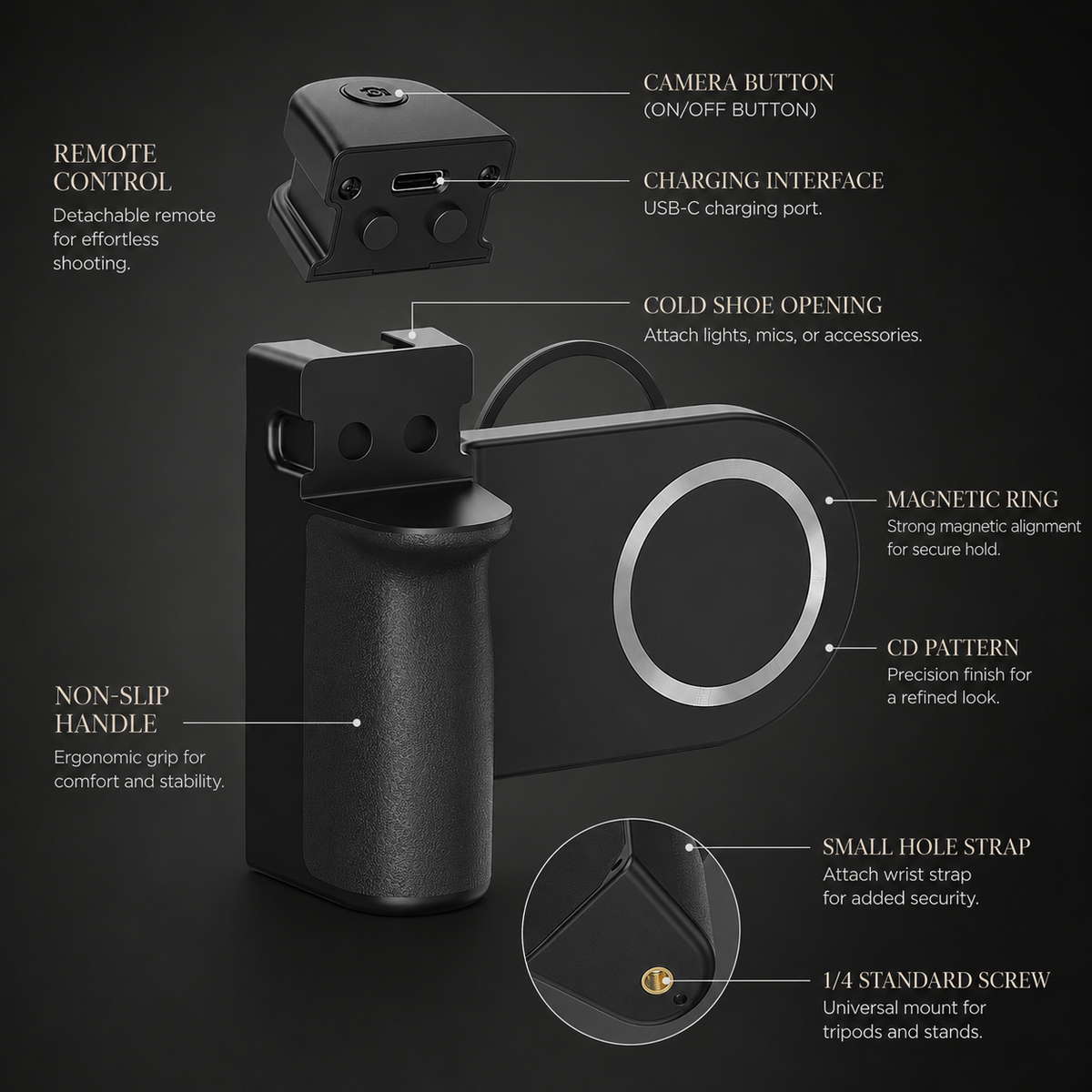 Premium Magnetic Phone Holder Stand MagSafe Compatible Bluetooth Remote Smartphone Grip Mount Video Photography Support Portable Compact Hands-Free