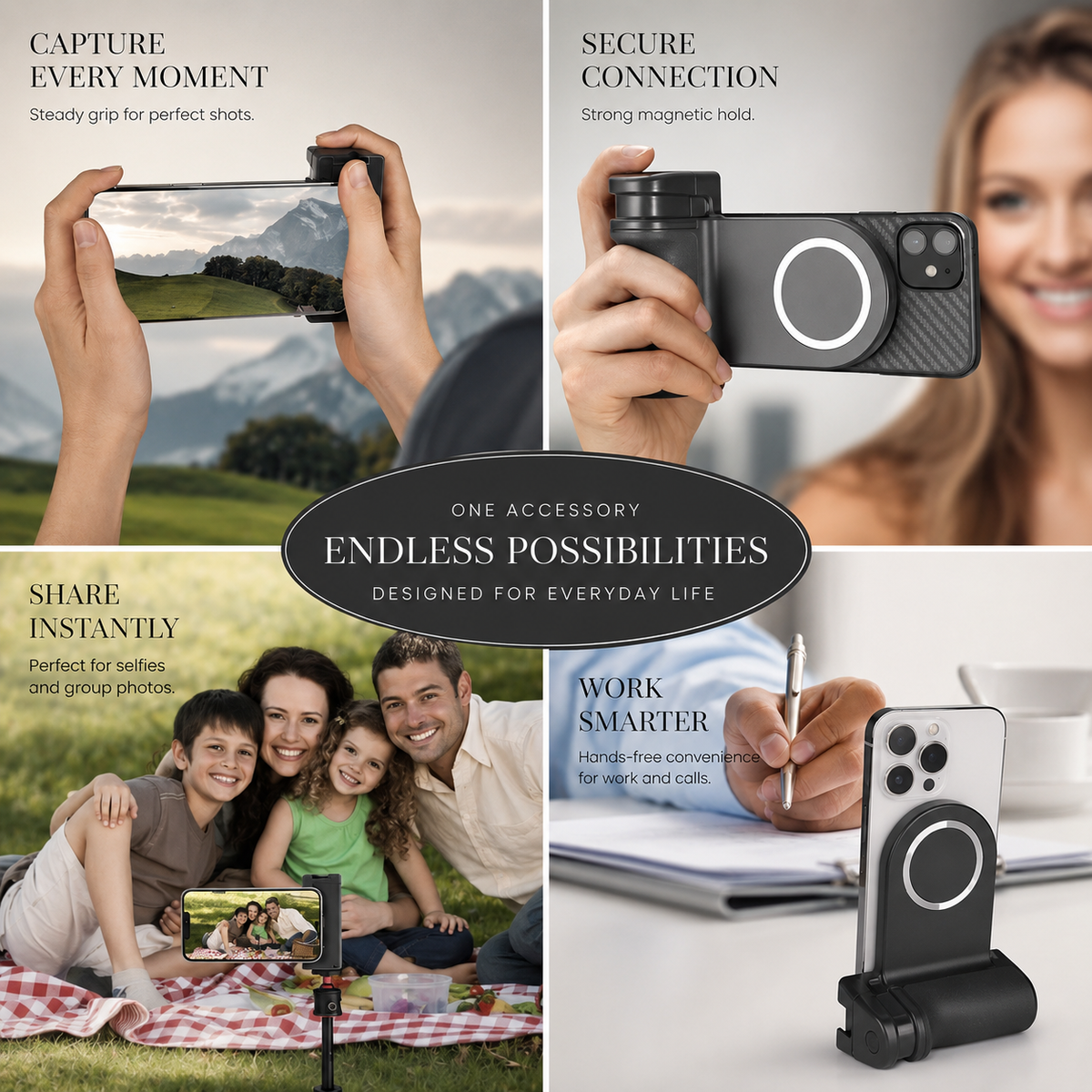 Premium Magnetic Phone Holder Stand MagSafe Compatible Bluetooth Remote Smartphone Grip Mount Video Photography Support Portable Compact Hands-Free