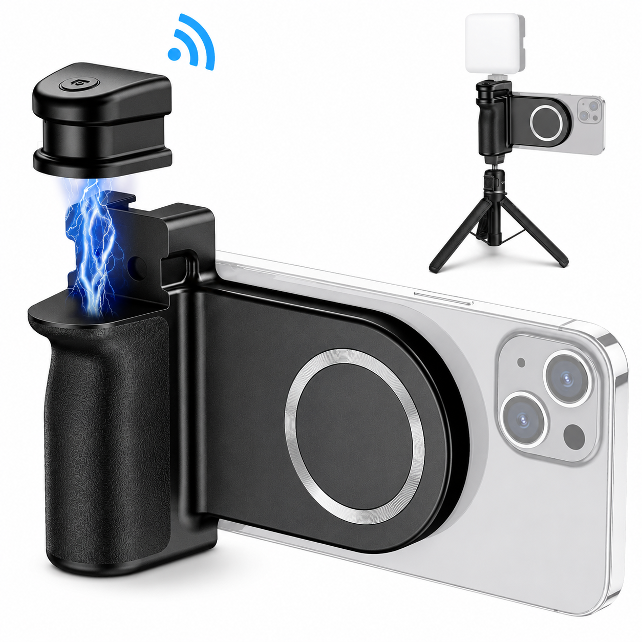 Premium Magnetic Phone Holder Stand MagSafe Compatible Bluetooth Remote Smartphone Grip Mount Video Photography Support Portable Compact Hands-Free