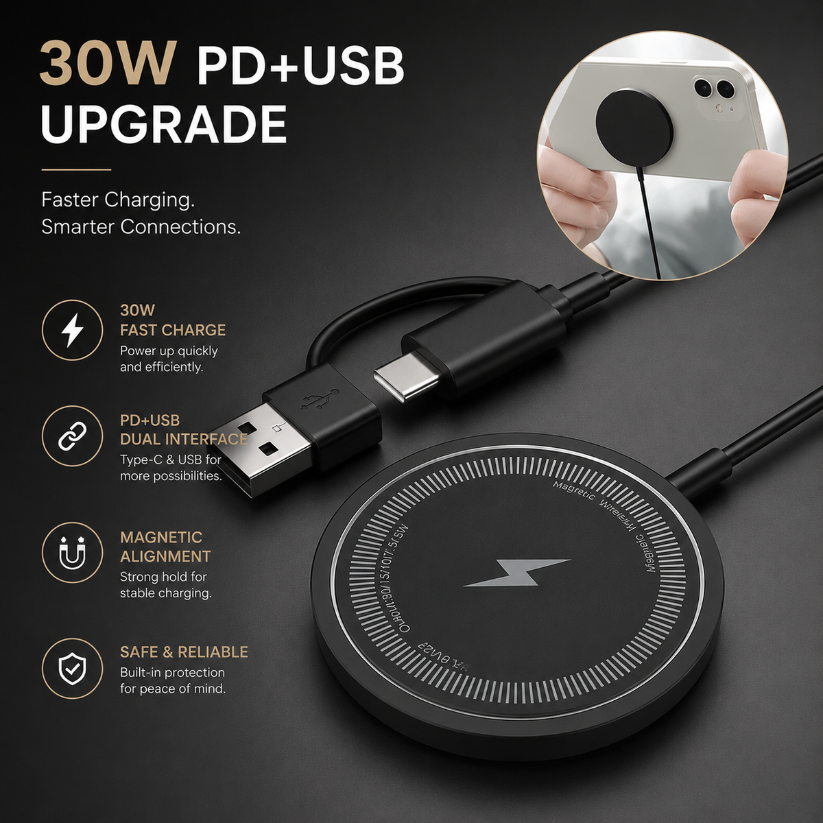 Premium Magnetic Wireless Charger Stand MagSafe Compatible 30W Fast Charging USB-C PD Charging Dock Magnetic Phone Stand Holder Desk Desktop Organizer
