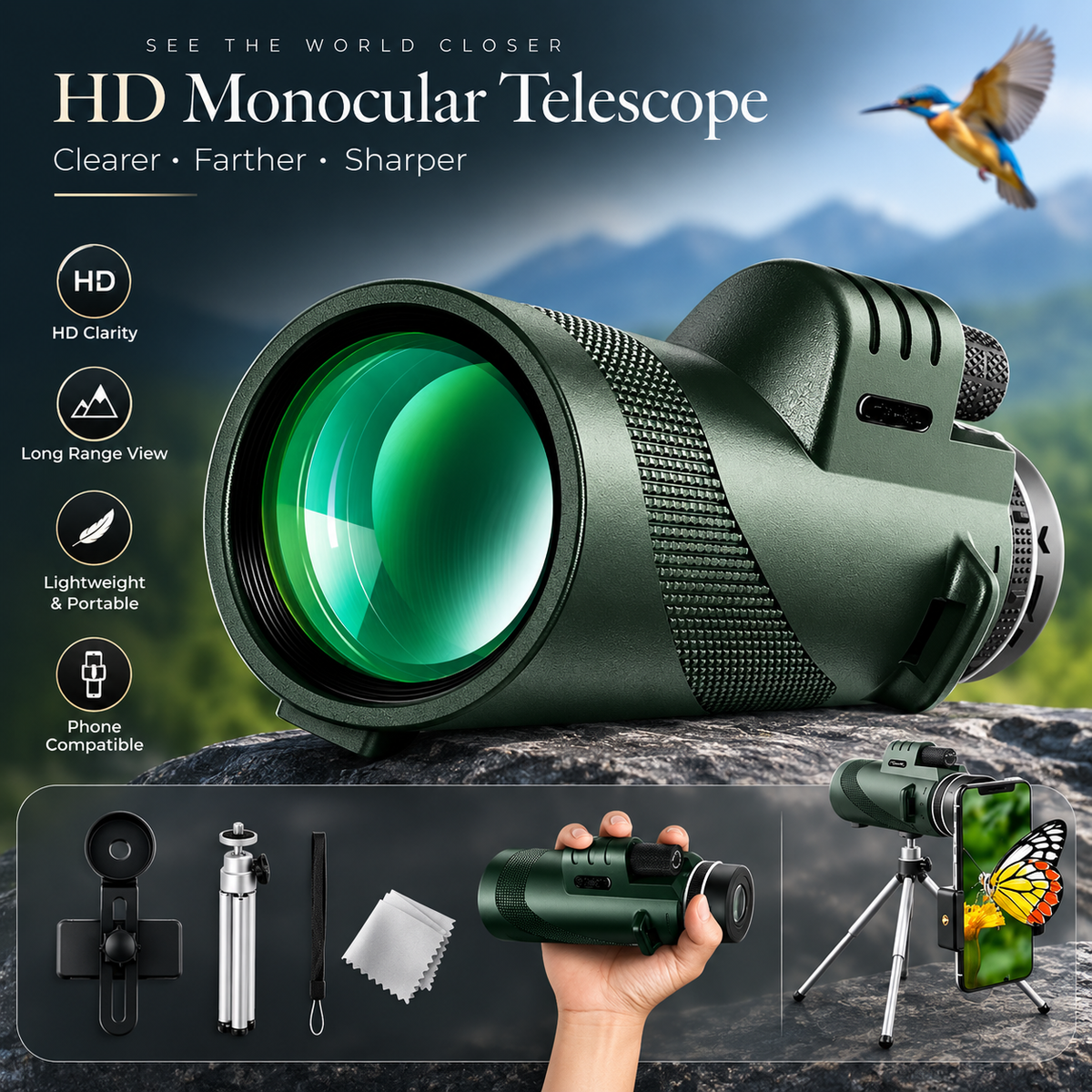 Premium Monocular Telescope Smartphone Compatible HD Optical Lens High Power Zoom Compact Travel Scope Bird Watching Hiking Camping Outdoor Viewing