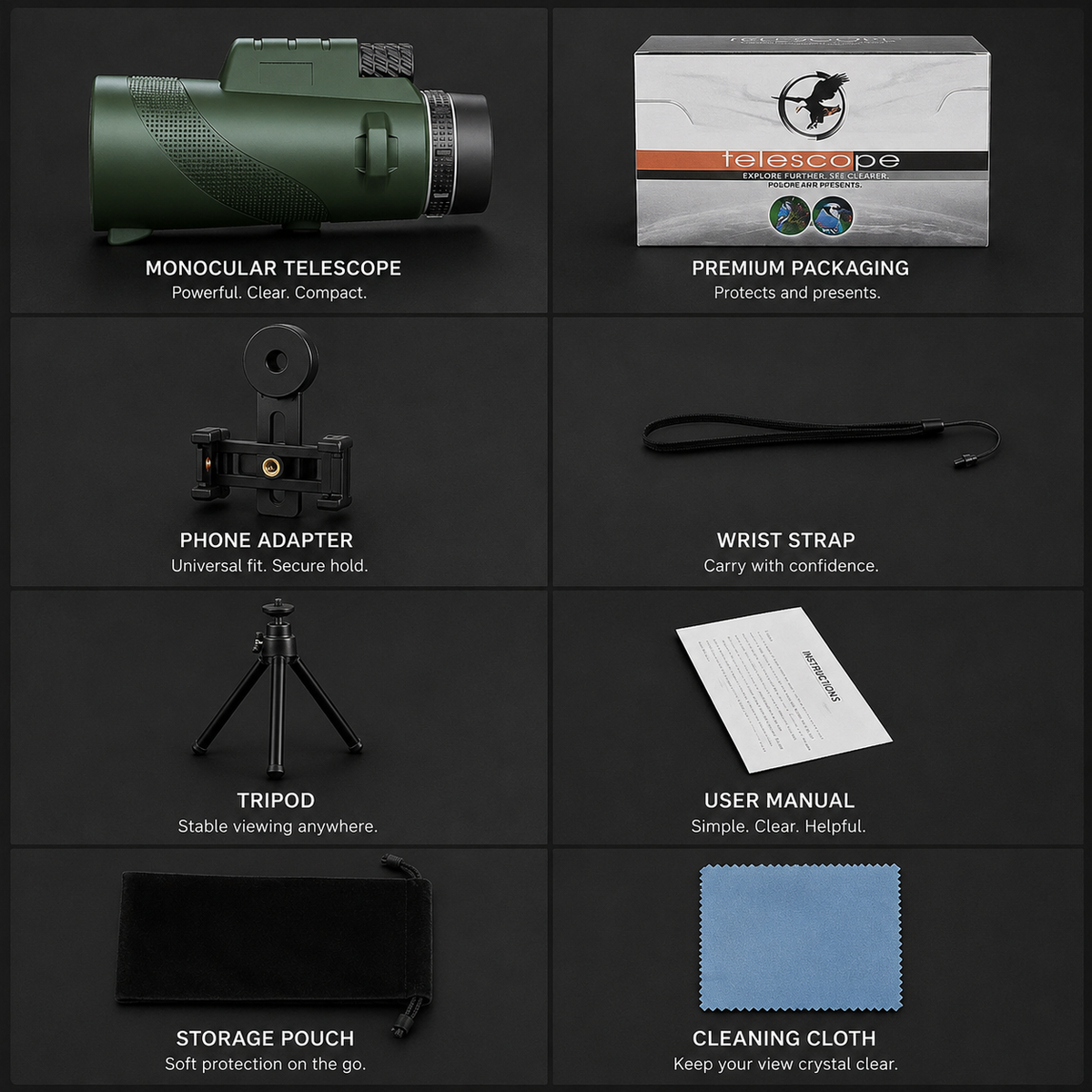 Premium Monocular Telescope Smartphone Compatible HD Optical Lens High Power Zoom Compact Travel Scope Bird Watching Hiking Camping Outdoor Viewing