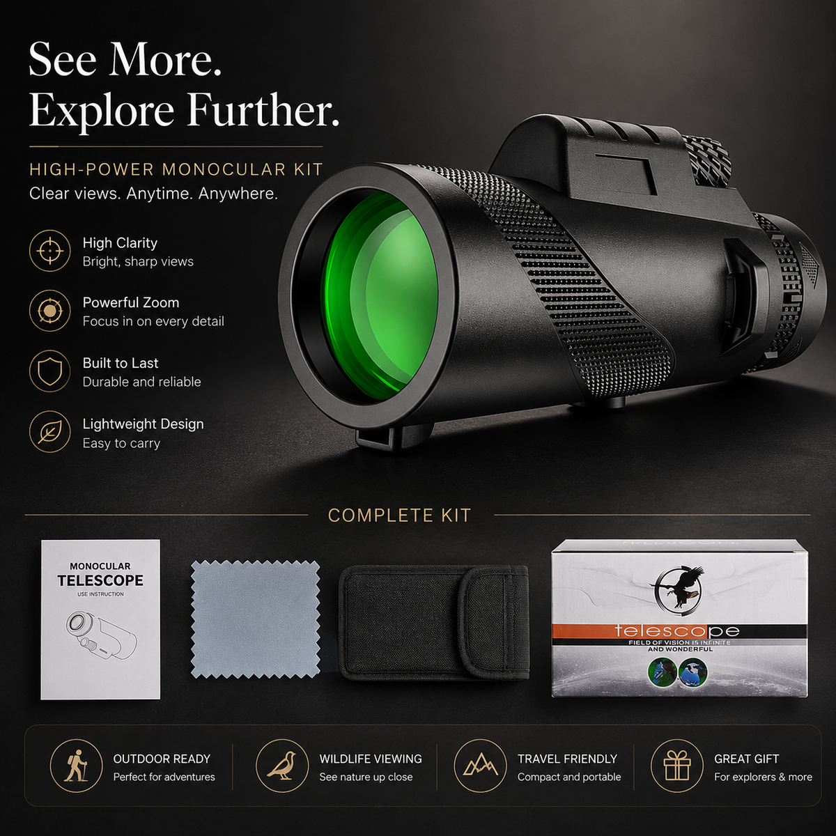 Premium Monocular Telescope Smartphone Compatible HD Optical Lens High Power Zoom Compact Travel Scope Bird Watching Hiking Camping Outdoor Viewing