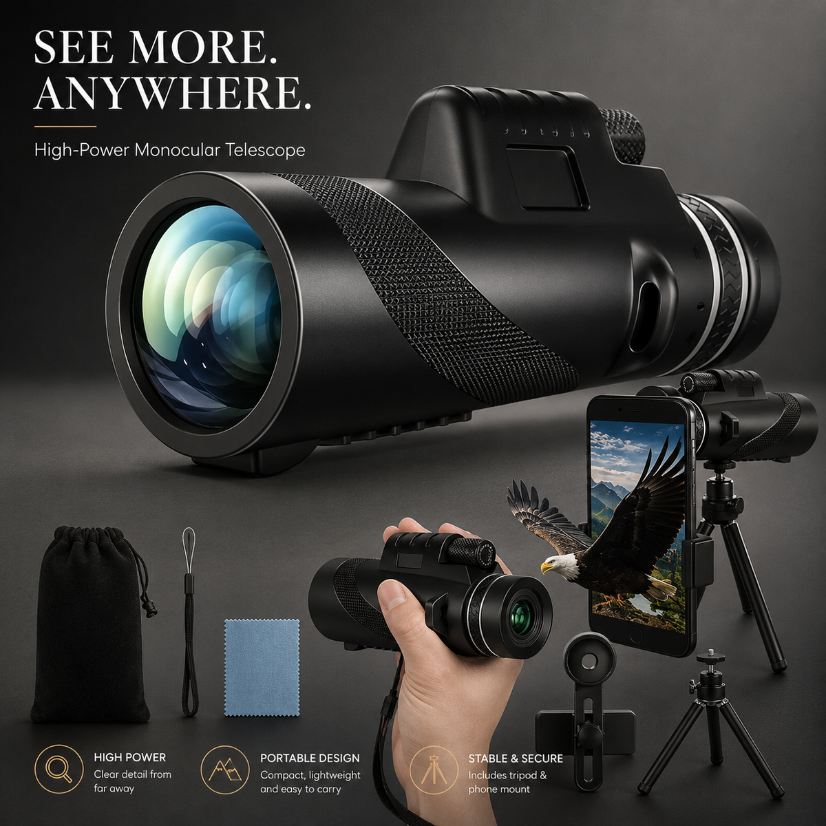 Premium Monocular Telescope Smartphone Compatible HD Optical Lens High Power Zoom Compact Travel Scope Bird Watching Hiking Camping Outdoor Viewing