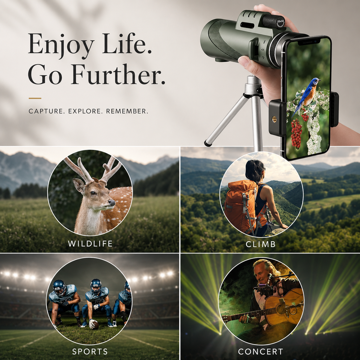 Premium Monocular Telescope Smartphone Compatible HD Optical Lens High Power Zoom Compact Travel Scope Bird Watching Hiking Camping Outdoor Viewing