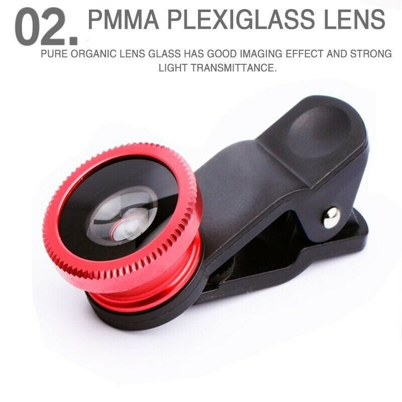 Premium Phone Camera Lens Kit 3 In 1 Fisheye Wide Angle Macro Clip-On Smartphone Photography Set