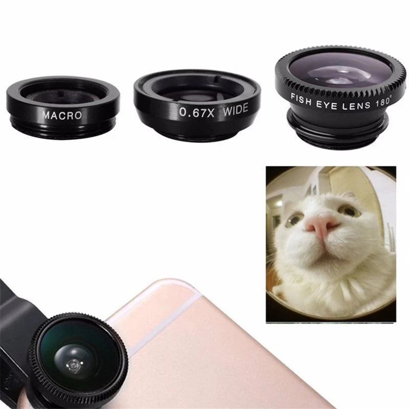 Premium Phone Camera Lens Kit 3 In 1 Fisheye Wide Angle Macro Clip-On Smartphone Photography Set