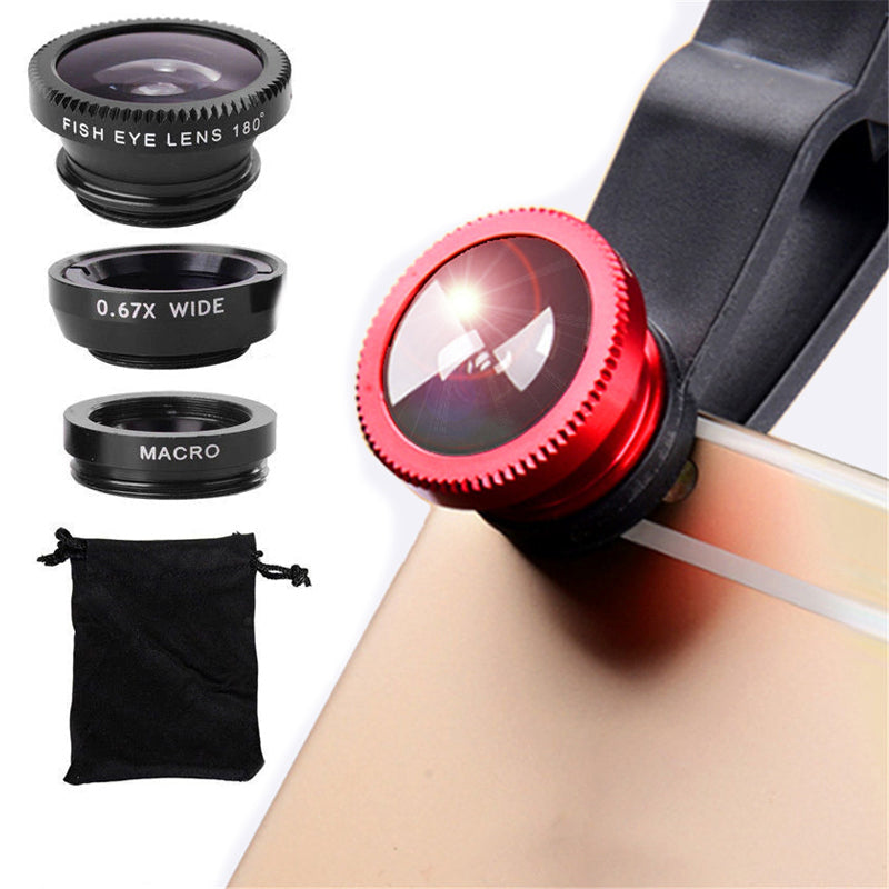Premium Phone Camera Lens Kit 3 In 1 Fisheye Wide Angle Macro Clip-On Smartphone Photography Set