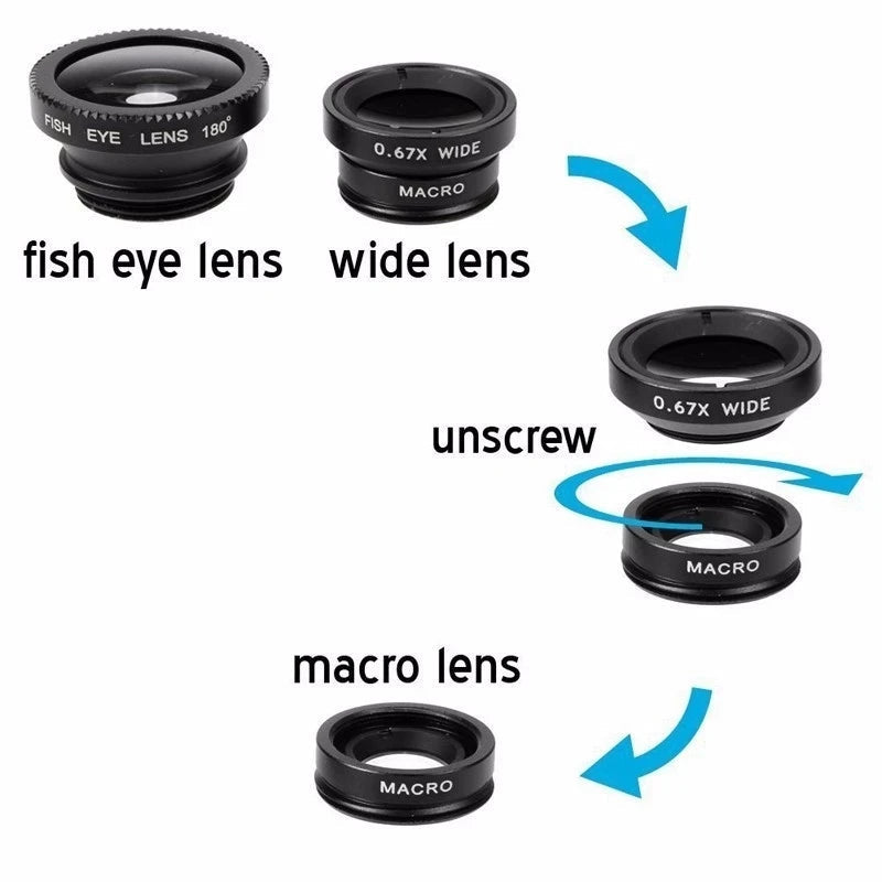 Premium Phone Camera Lens Kit 3 In 1 Fisheye Wide Angle Macro Clip-On Smartphone Photography Set