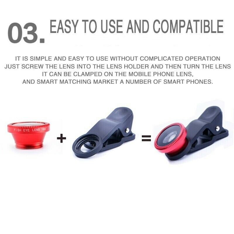 Premium Phone Camera Lens Kit 3 In 1 Fisheye Wide Angle Macro Clip-On Smartphone Photography Set