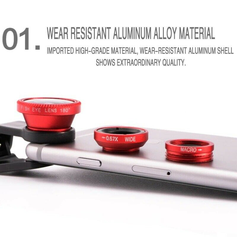 Premium Phone Camera Lens Kit 3 In 1 Fisheye Wide Angle Macro Clip-On Smartphone Photography Set