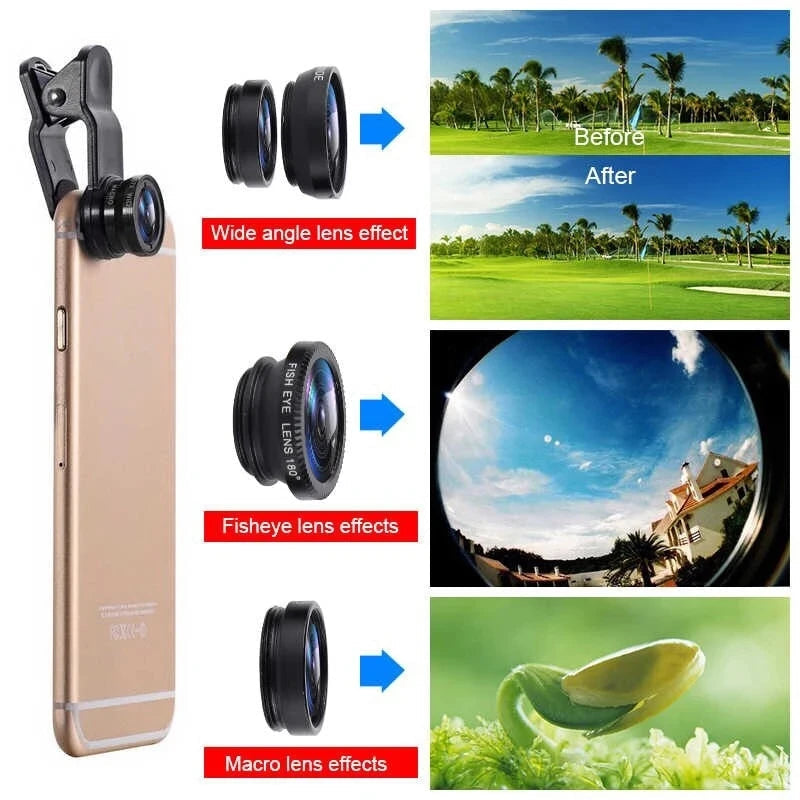 Premium Phone Camera Lens Kit 3 In 1 Fisheye Wide Angle Macro Clip-On Smartphone Photography Set