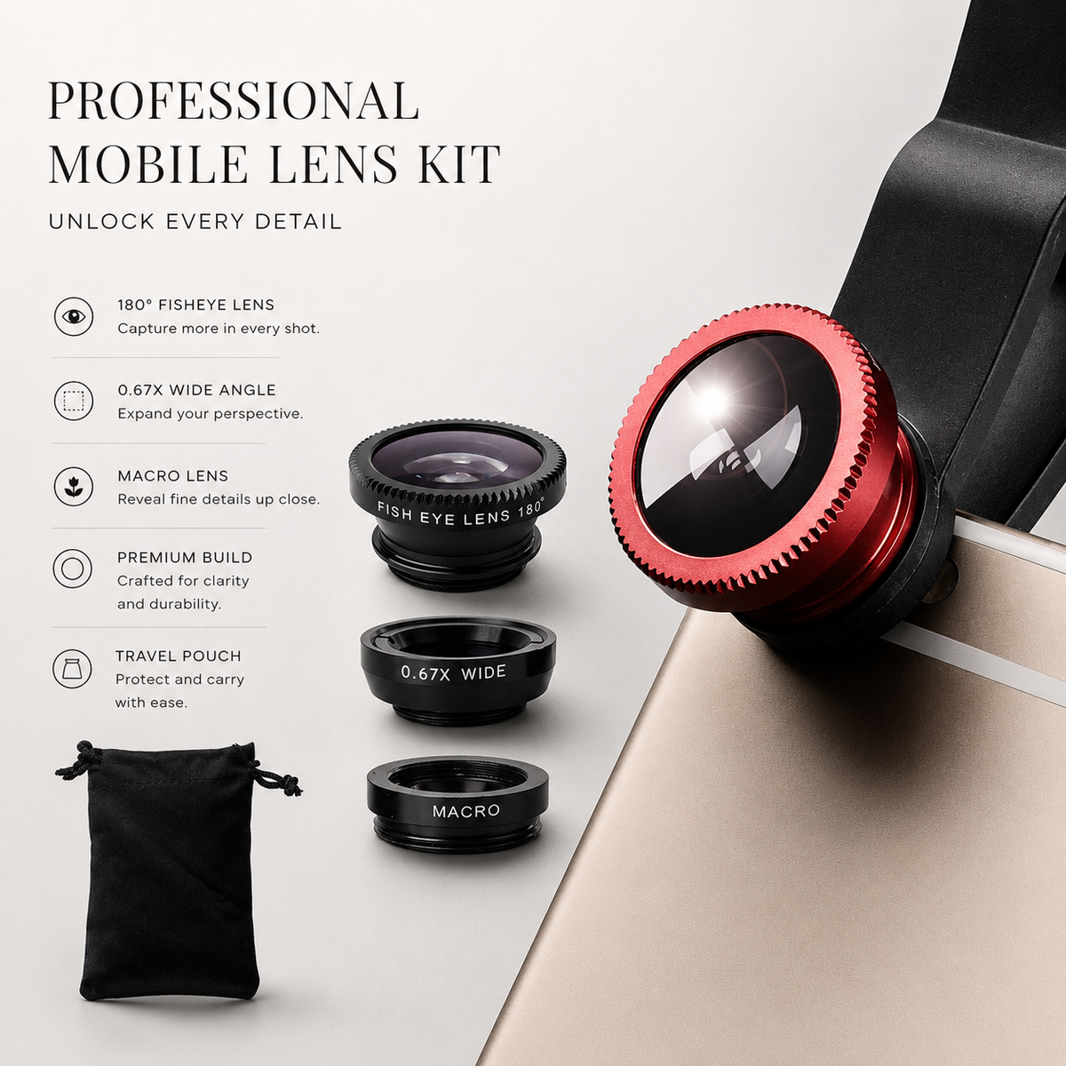 Premium Phone Camera Lens Kit 3 In 1 Fisheye Wide Angle Macro Clip-On Smartphone Photography Set Universal Portable Creative Photo Accessory Kit Pro