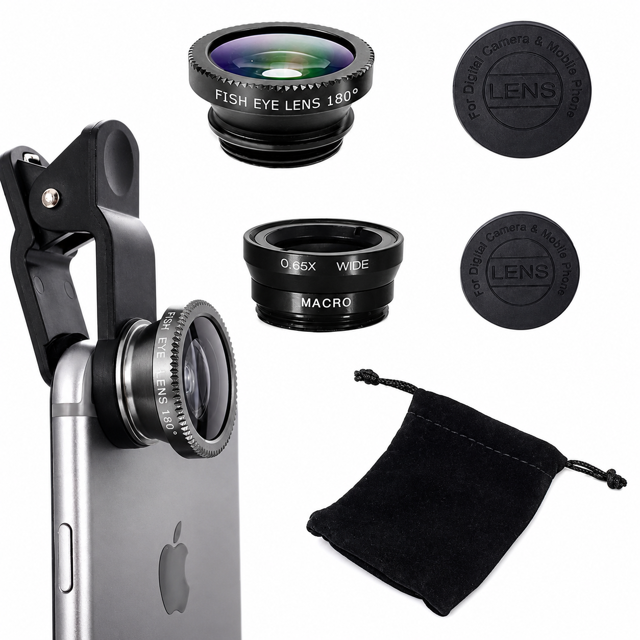 Premium Phone Camera Lens Kit 3 In 1 Fisheye Wide Angle Macro Clip-On Smartphone Photography Set Universal Portable Creative Photo Accessory Kit Pro