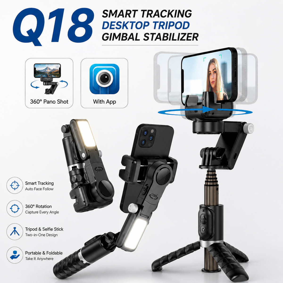Premium Phone Gimbal Stabilizer Selfie Stick Tripod Bluetooth Remote 360 Rotation Video Photography Stand Foldable Adjustable Mount Portable Creator