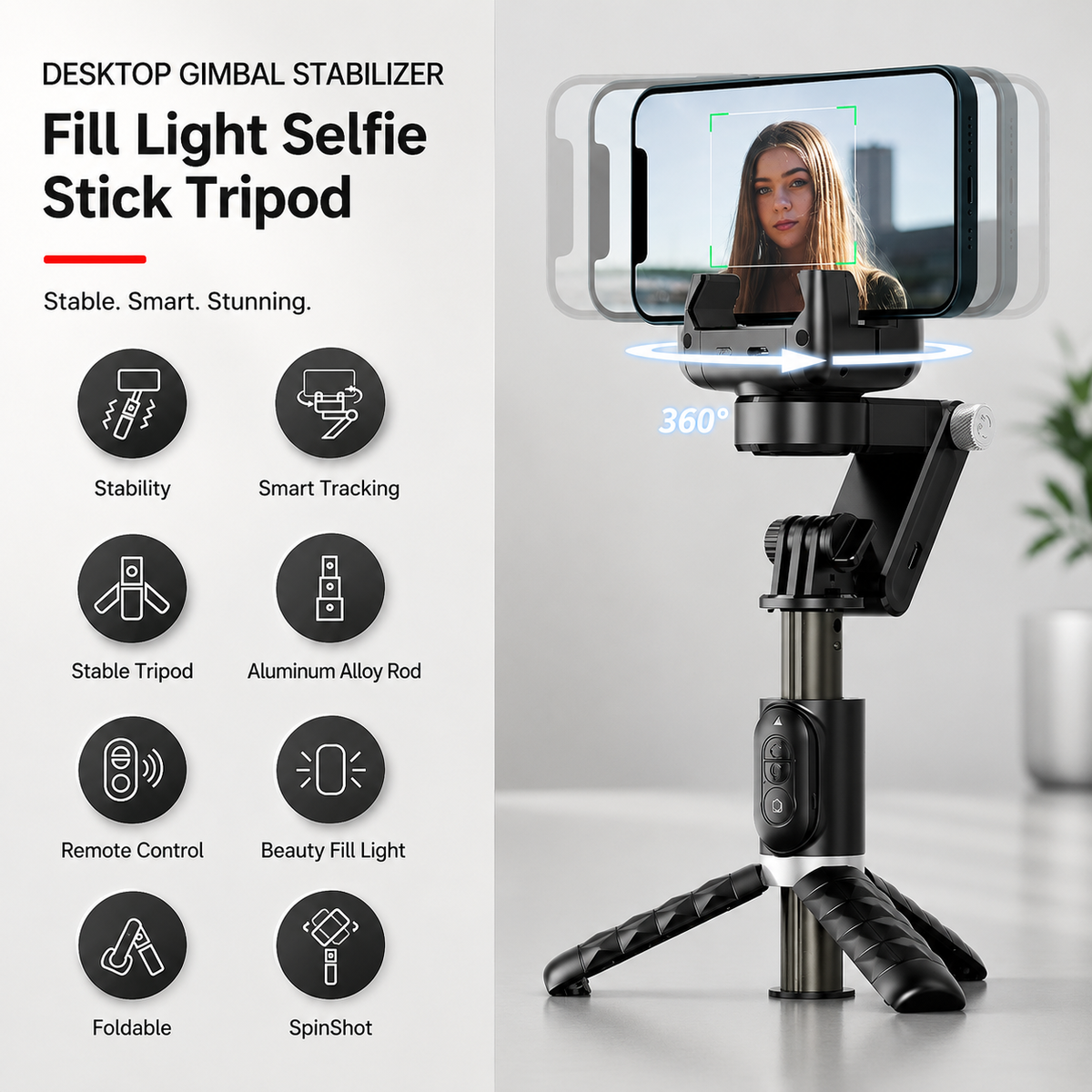 Premium Phone Gimbal Stabilizer Selfie Stick Tripod Bluetooth Remote 360 Rotation Video Photography Stand Foldable Adjustable Mount Portable Creator