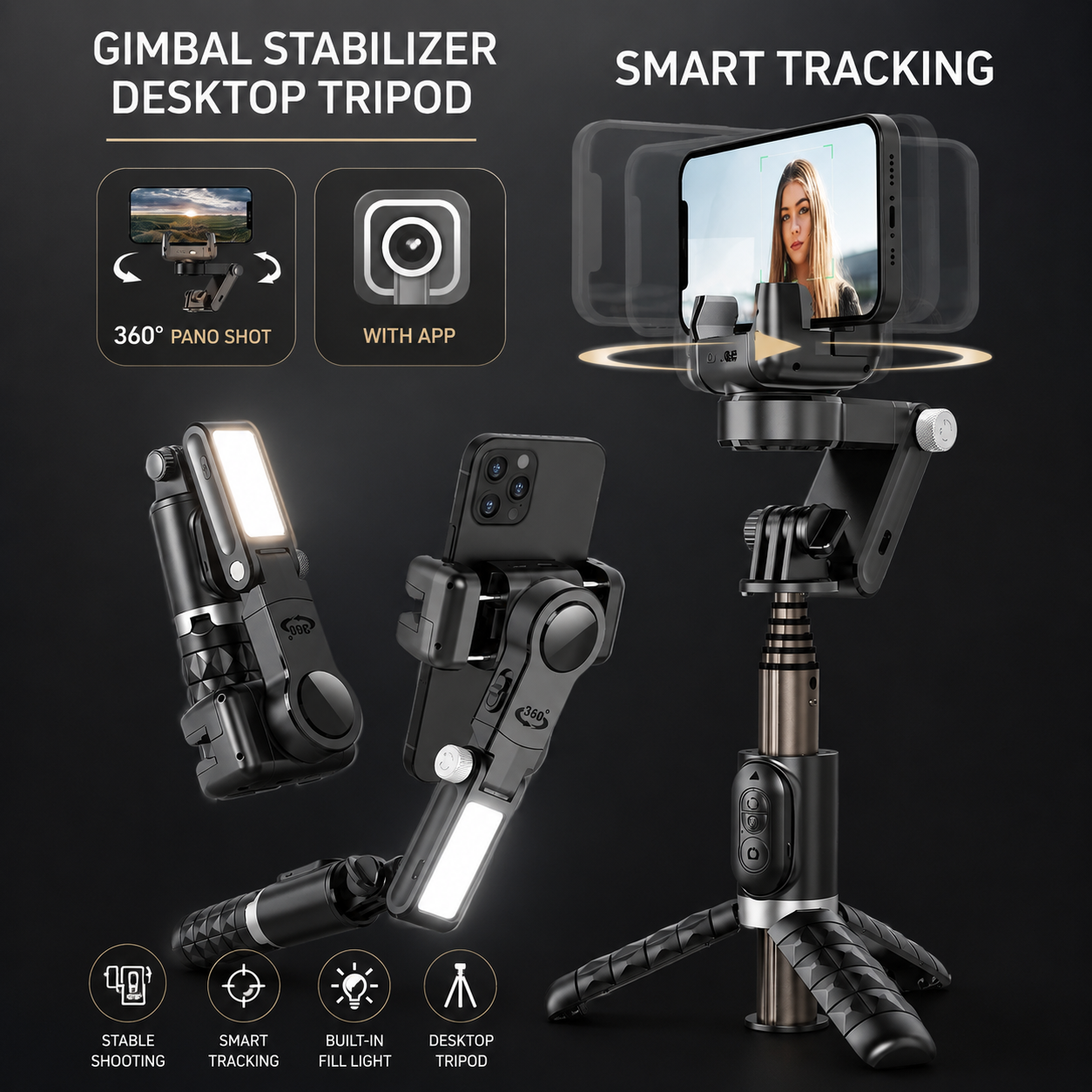 Premium Phone Gimbal Stabilizer Selfie Stick Tripod Bluetooth Remote 360 Rotation Video Photography Stand Foldable Adjustable Mount Portable Creator