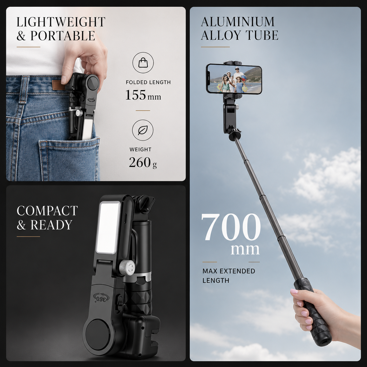 Premium Phone Gimbal Stabilizer Selfie Stick Tripod Bluetooth Remote 360 Rotation Video Photography Stand Foldable Adjustable Mount Portable Creator