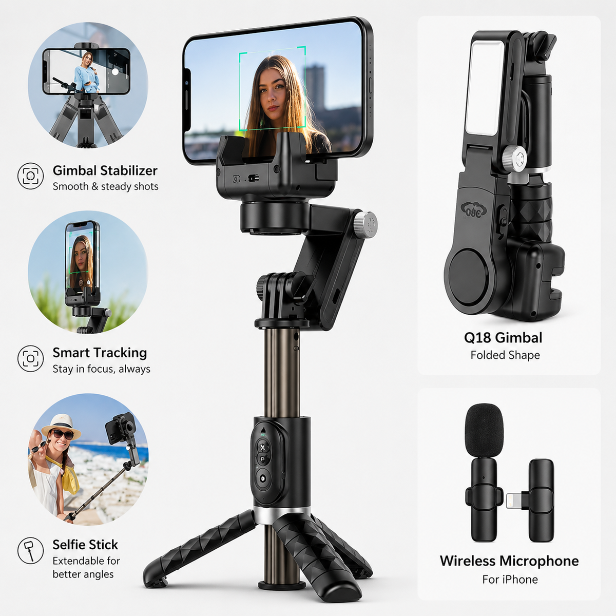 Premium Phone Gimbal Stabilizer Selfie Stick Tripod Bluetooth Remote 360 Rotation Video Photography Stand Foldable Adjustable Mount Portable Creator