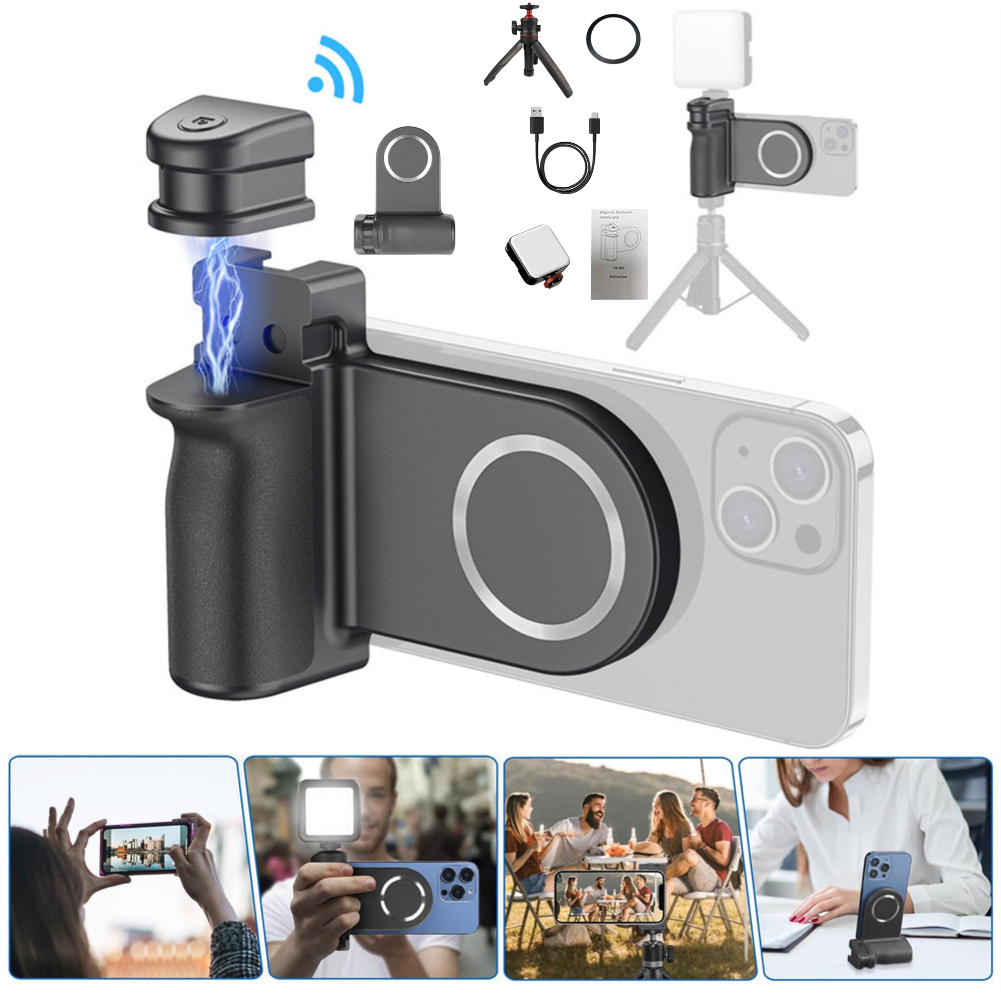 Premium Phone Holder Magnetic Grip Stand MagSafe Compatible Bluetooth Remote Smartphone Mount Video Photography Support