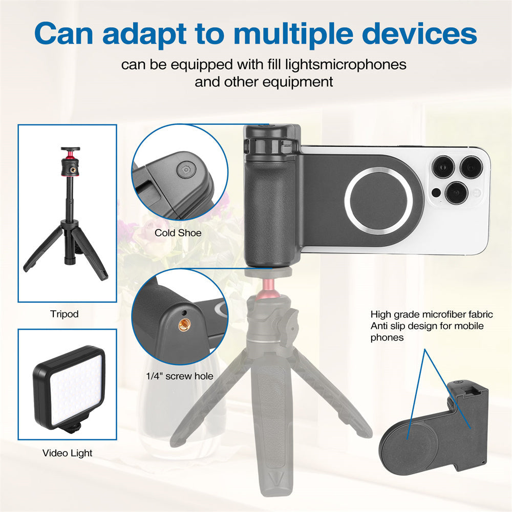 Premium Phone Holder Magnetic Grip Stand MagSafe Compatible Bluetooth Remote Smartphone Mount Video Photography Support
