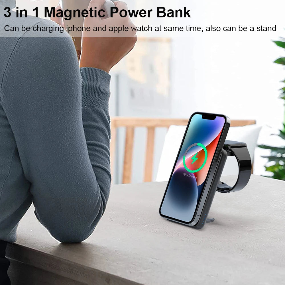 Premium Power Bank 5000mAh Magnetic Wireless Charger MagSafe Compatible 3 In 1 Portable Charging Station for Smartphone Watch and Earbuds