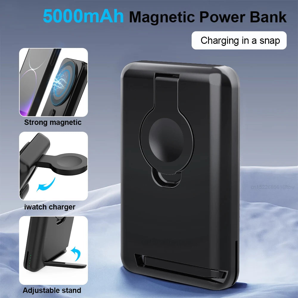 Premium Power Bank 5000mAh Magnetic Wireless Charger MagSafe Compatible 3 In 1 Portable Charging Station for Smartphone Watch and Earbuds