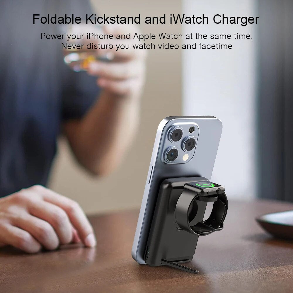 Premium Power Bank 5000mAh Magnetic Wireless Charger MagSafe Compatible 3 In 1 Portable Charging Station for Smartphone Watch and Earbuds