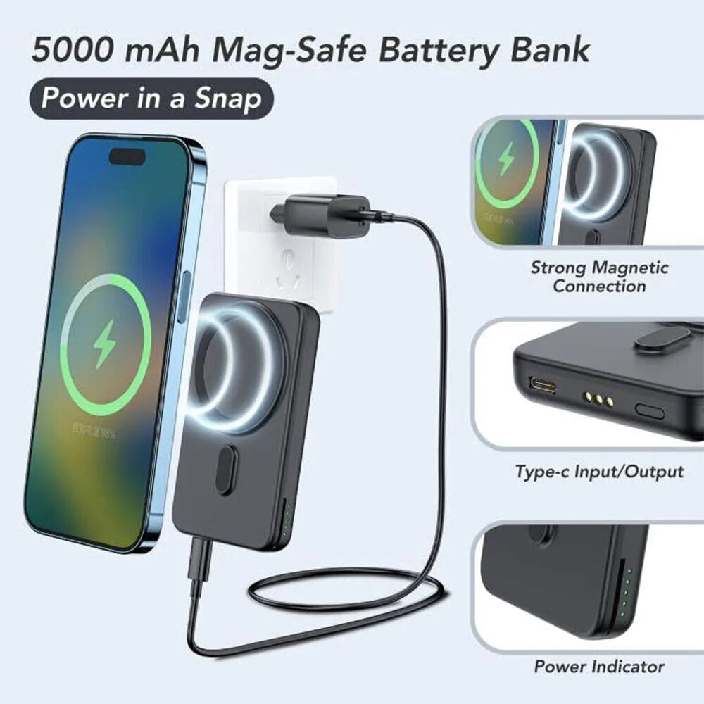 Premium Power Bank 5000mAh Magnetic Wireless Charger MagSafe Compatible 3 In 1 Portable Charging Station for Smartphone Watch and Earbuds