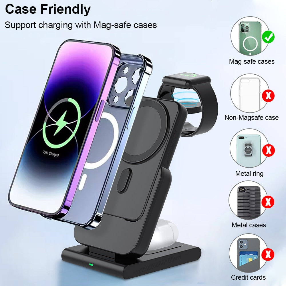 Premium Power Bank 5000mAh Magnetic Wireless Charger MagSafe Compatible 3 In 1 Portable Charging Station for Smartphone Watch and Earbuds