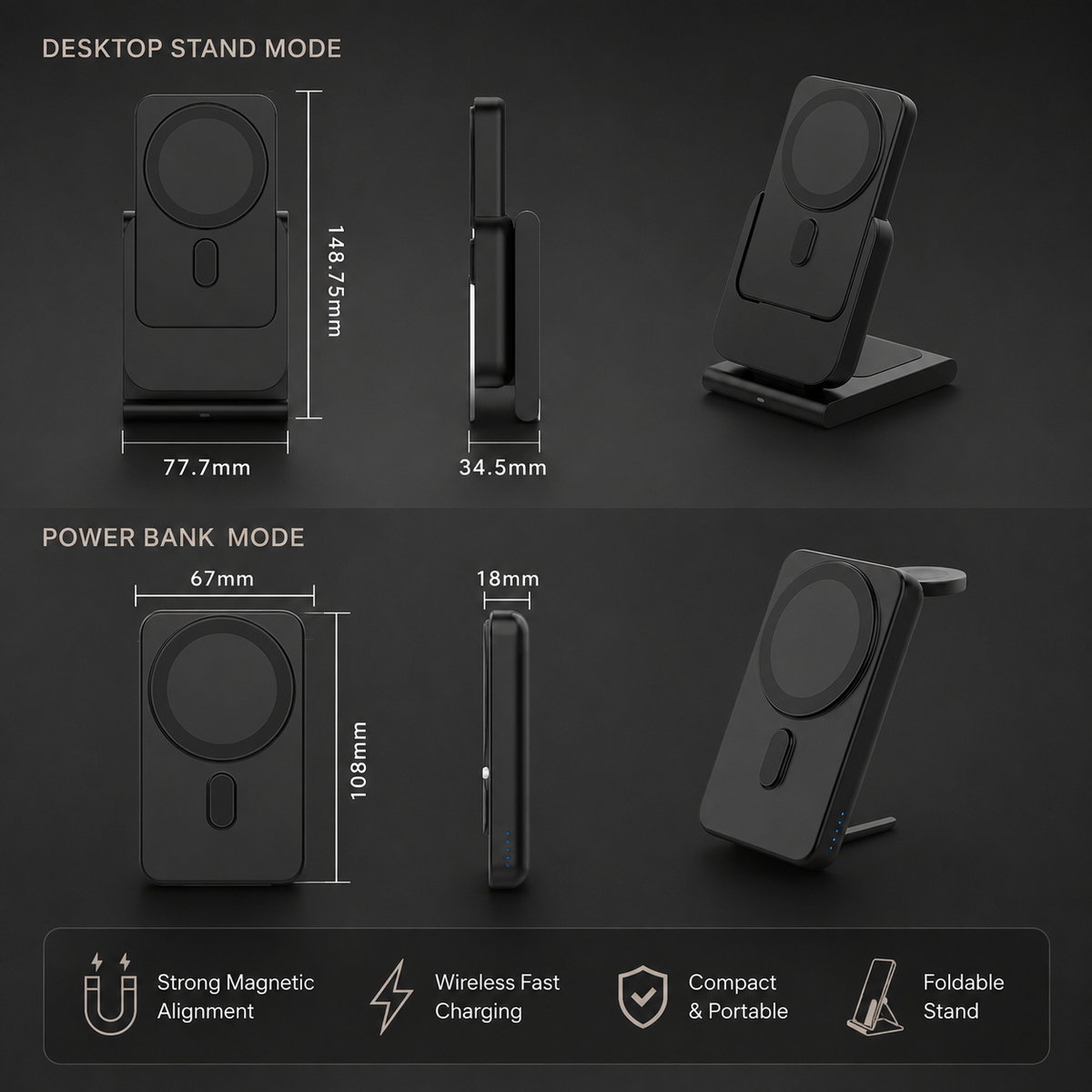 Premium Power Bank Magnetic Wireless Charger 3 In 1 Portable Charging Station 5000mAh MagSafe Compatible Phone Watch Earbuds Fast Travel Charger