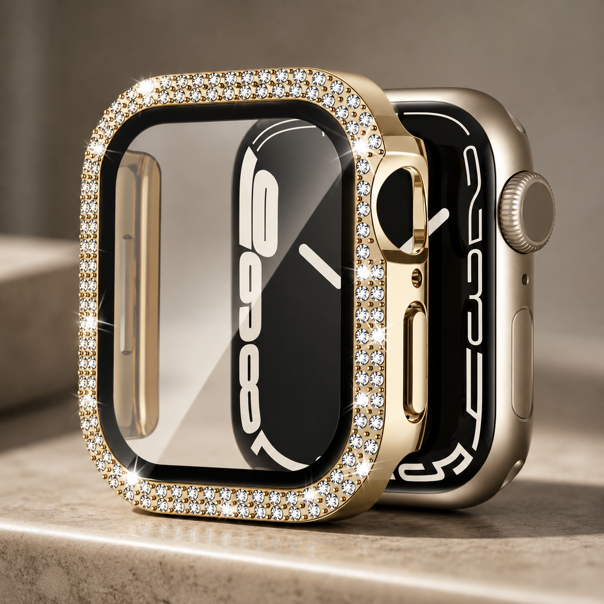 Premium Rhinestone Apple Watch Case Glass Screen Protector Shockproof Protective Cover Luxury Bling Snap-On Full Coverage Bumper Slim Protective Shell
