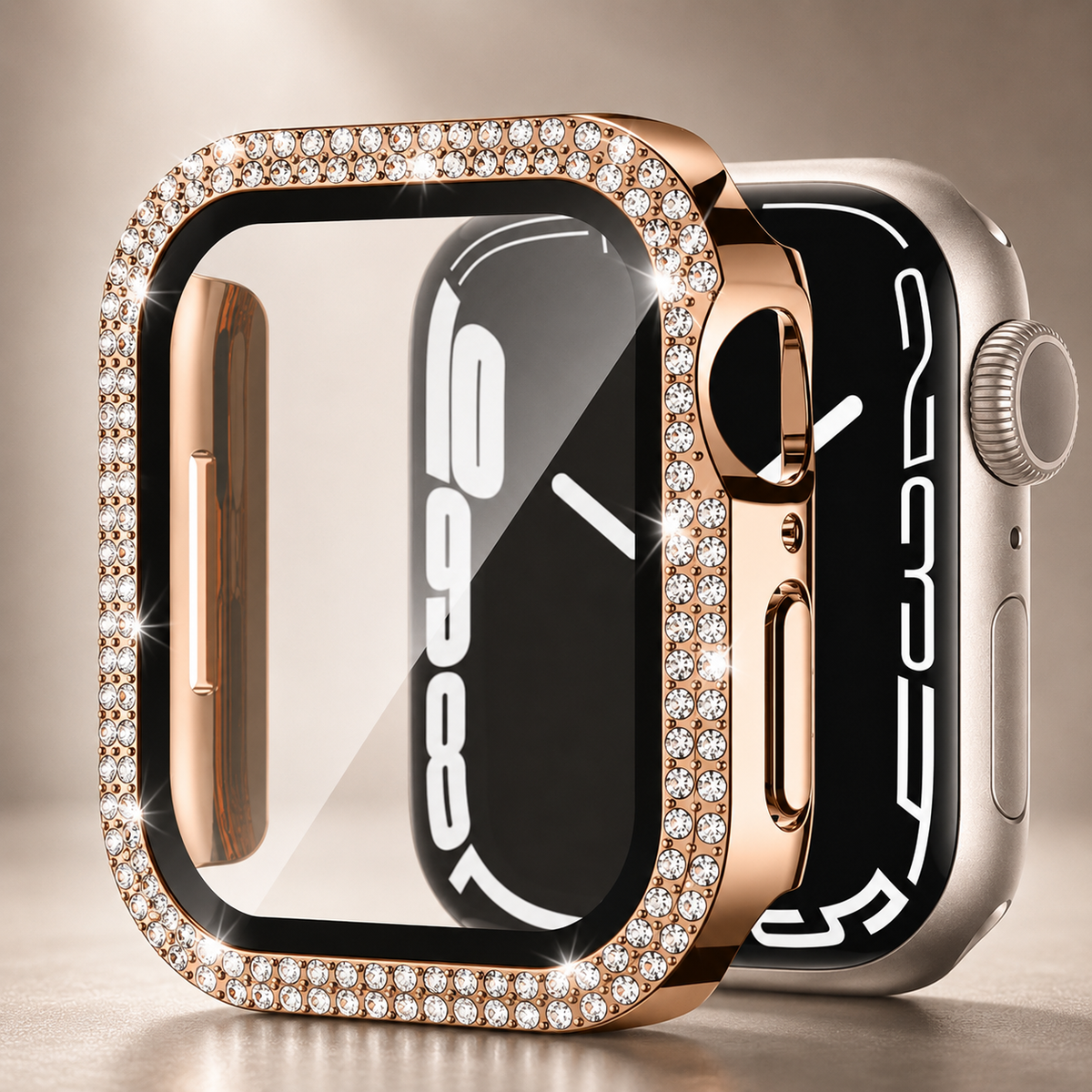 Premium Rhinestone Apple Watch Case Glass Screen Protector Shockproof Protective Cover Luxury Bling Snap-On Full Coverage Bumper Slim Protective Shell