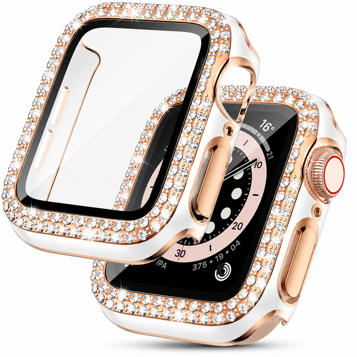 Premium Rhinestone Apple Watch Case Glass Screen Protector Shockproof Protective Cover Luxury Bling Snap-On Full Coverage Bumper Slim Protective Shell