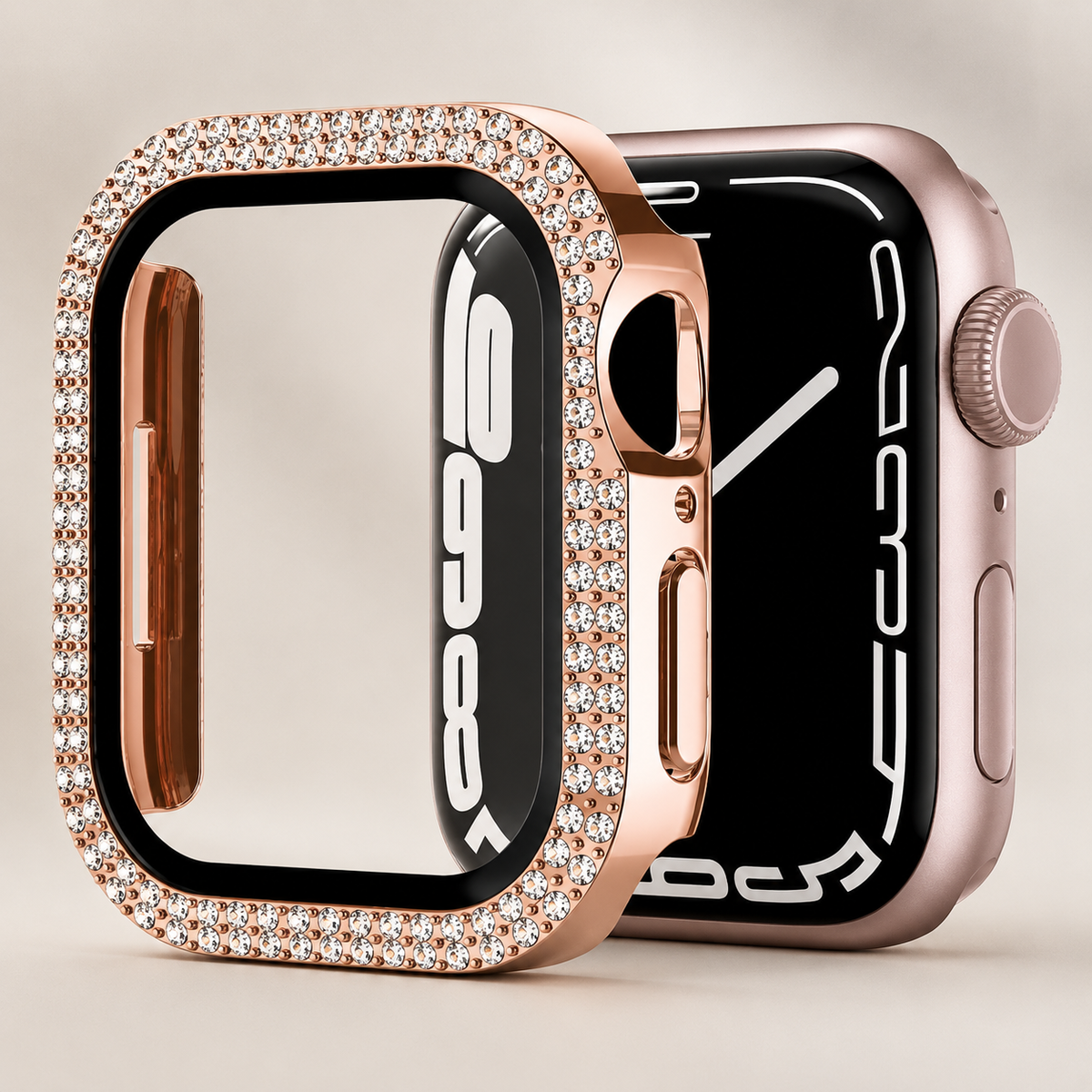 Premium Rhinestone Apple Watch Case Glass Screen Protector Shockproof Protective Cover Luxury Bling Snap-On Full Coverage Bumper Slim Protective Shell