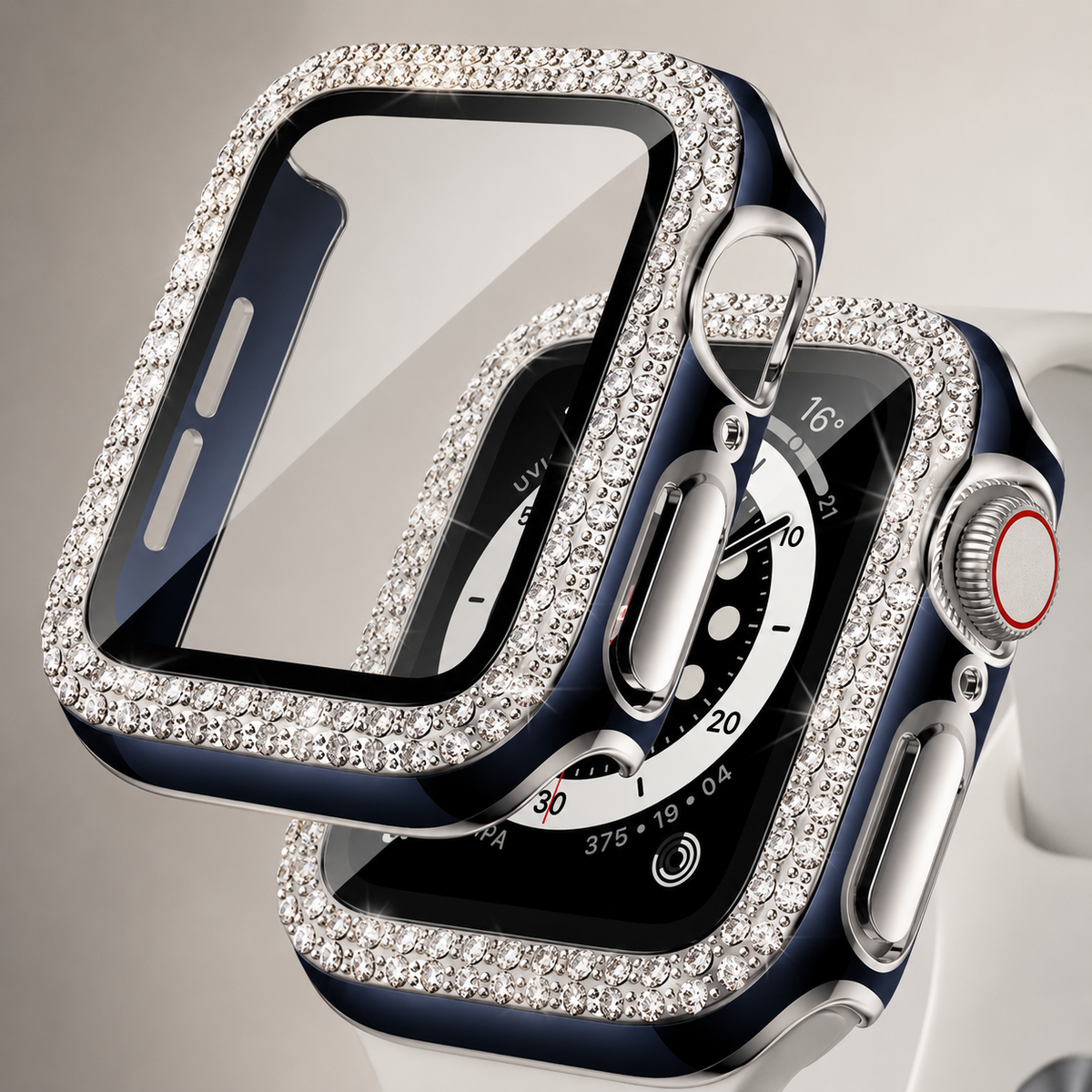Premium Rhinestone Apple Watch Case Glass Screen Protector Shockproof Protective Cover Luxury Bling Snap-On Full Coverage Bumper Slim Protective Shell