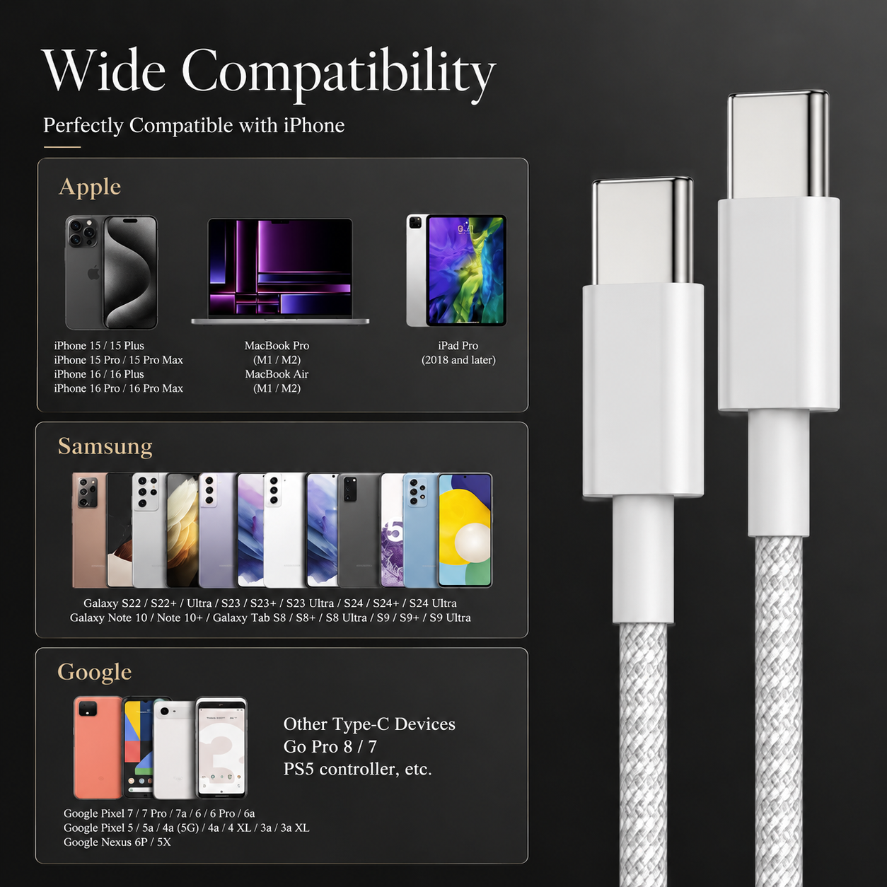 Premium USB-C Cable 100W Power Delivery Fast Charging Cord Durable TPE TPU Construction Stable Power Transfer Flexible Charging Cable Everyday Use