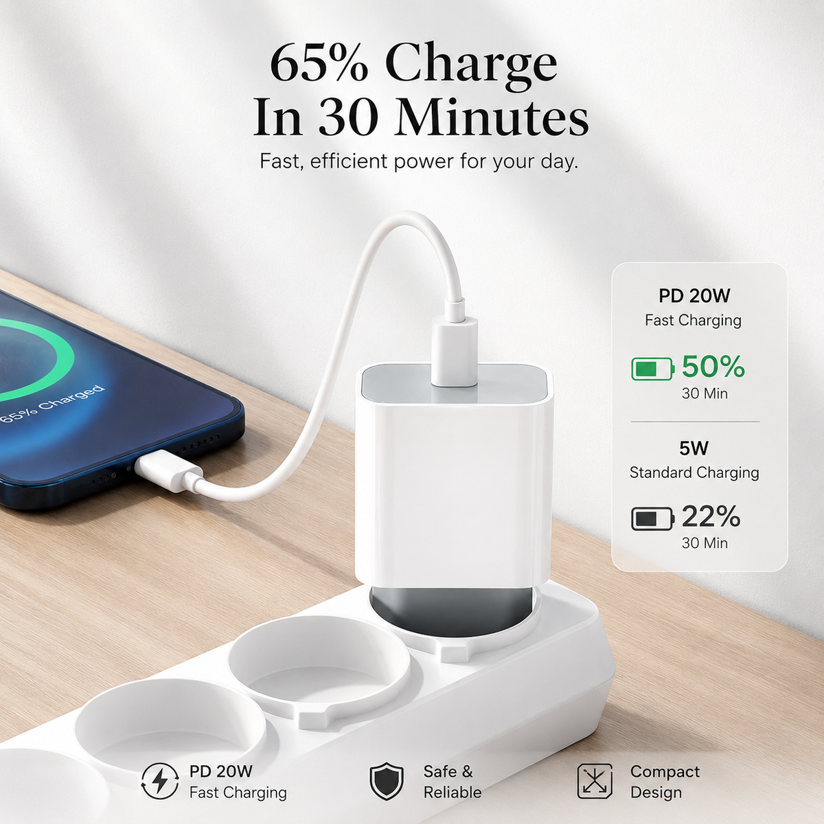 Premium USB-C Charger 20W Power Delivery Fast Charging Adapter Compact Wall Charger Portable Power Adapter Stable Output Charging Hub Everyday Use