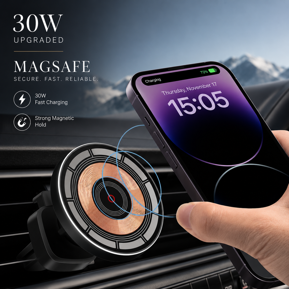 Premium Wireless Car Charger Magnetic Phone Mount MagSafe Compatible 30W Fast Charging Dashboard Vent Holder Secure Mount Adjustable Mount Design