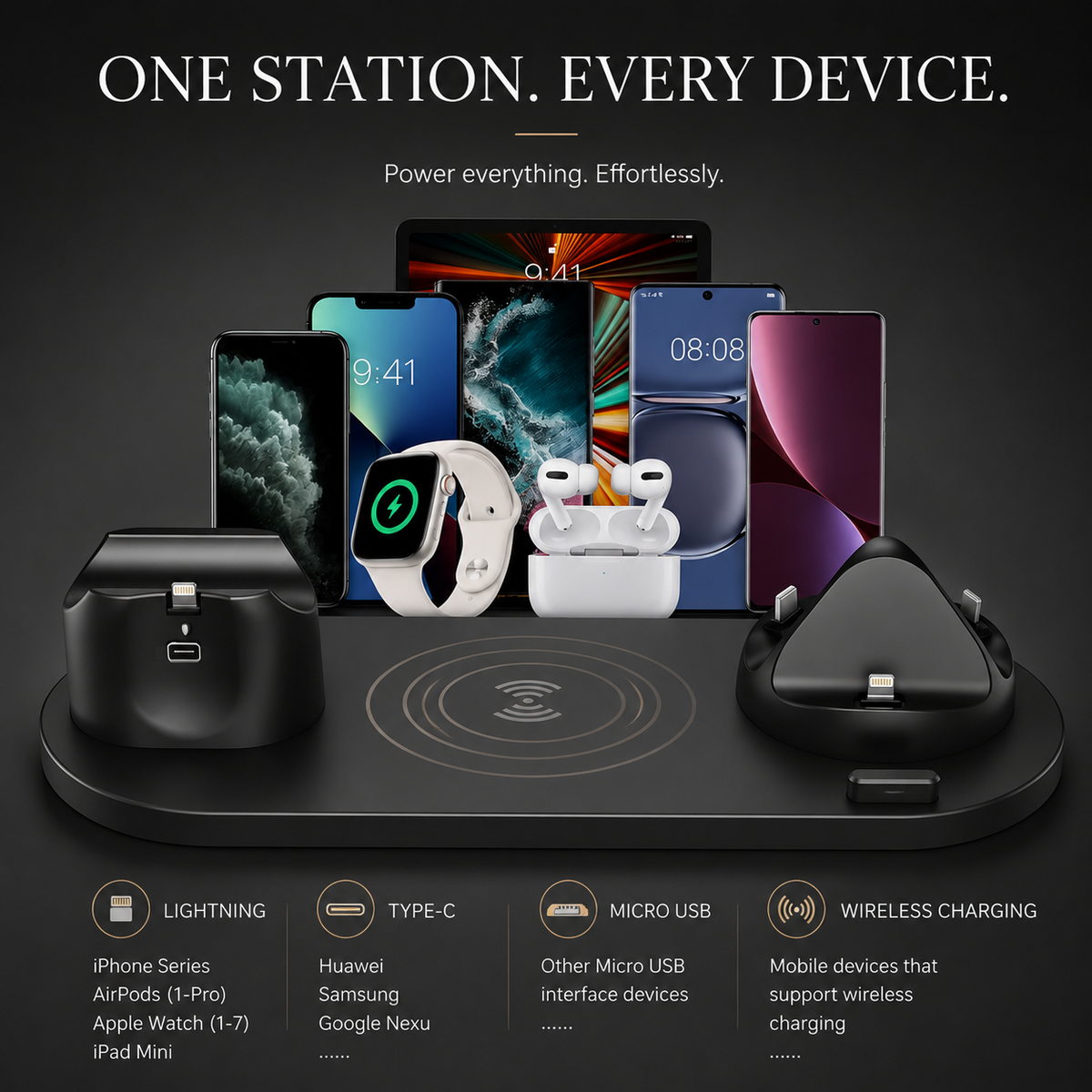 Premium Wireless Charger Fast Charging Station Foldable Multi Device Charging Dock Magnetic Stand for Smartphones Watches Earbuds Travel Organizer