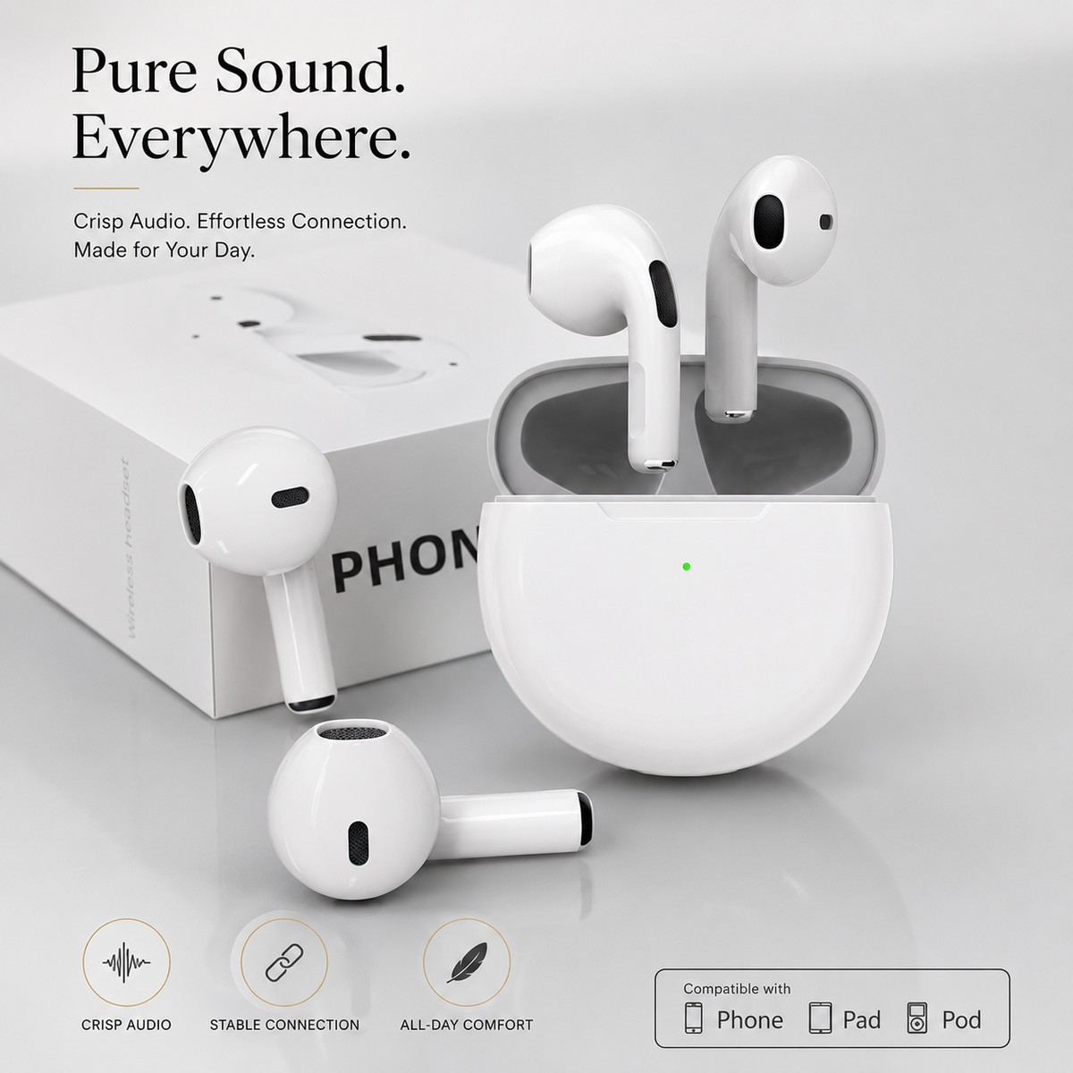 Premium Wireless Earbuds Bluetooth Compatible Touch Control Stereo Sound Mini In-Ear Sport Headset Noise Reduction Charging Case Rechargeable Portable