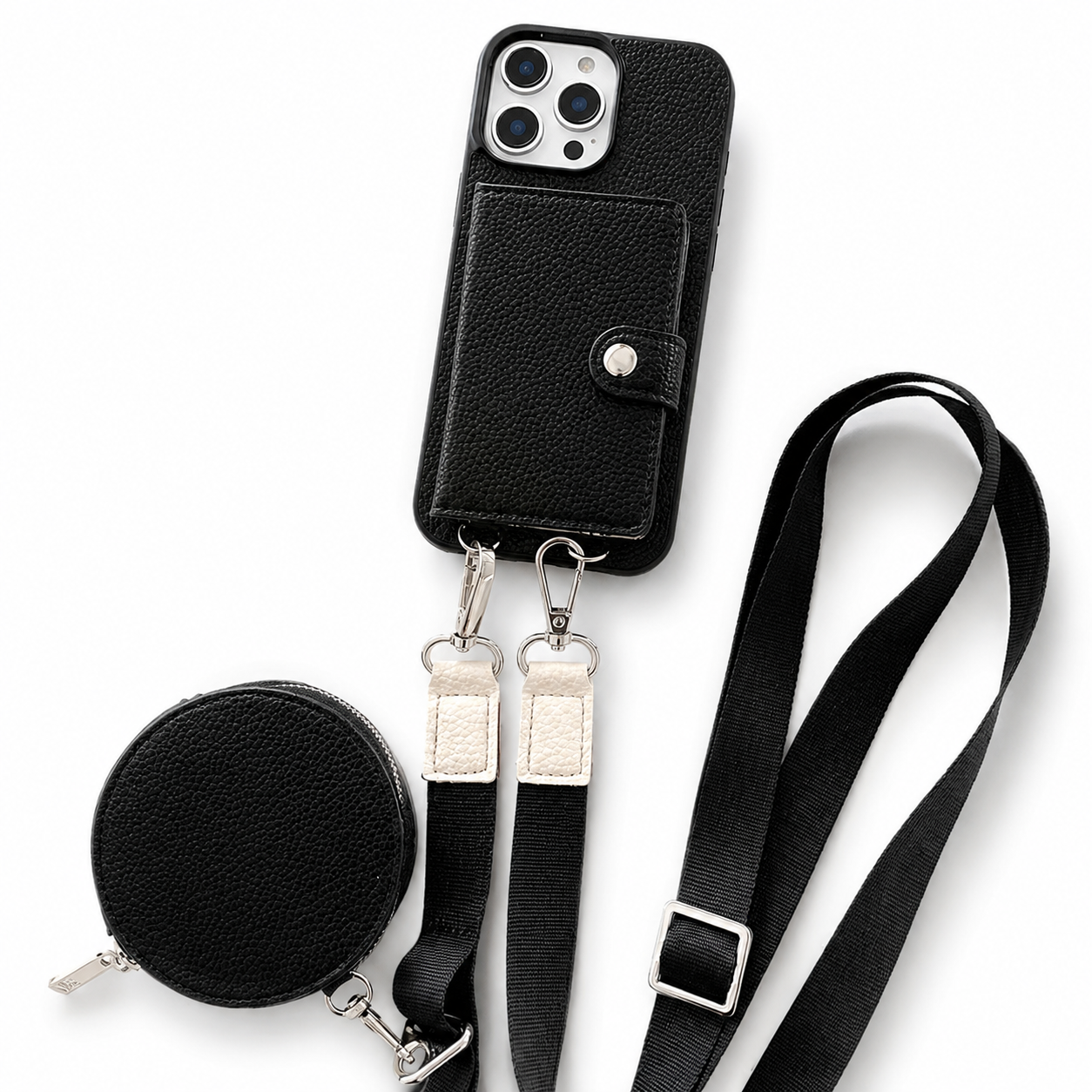 Premium iPhone Case Crossbody Wallet Cover Card Holder Zipper Coin Purse Lanyard Strap Shockproof PU Leather Protective Full Coverage Anti Scratch Design