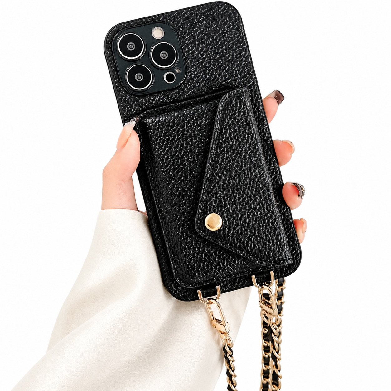 Premium iPhone Case Crossbody Wallet Cover PU Leather Card Holder Chain Strap Shockproof Anti Scratch Slim Lightweight Full Coverage Protective Design
