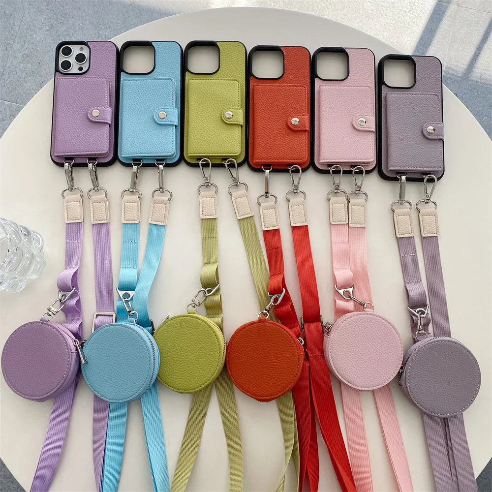 Premium iPhone Case Crossbody Wallet Cover PU Leather RFID Card Holder Coin Pocket Magnetic Closure Shoulder Strap Shockproof Full Protection Slim Design