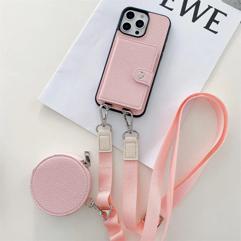 Premium iPhone Case Crossbody Wallet Cover PU Leather RFID Card Holder Coin Pocket Magnetic Closure Shoulder Strap Shockproof Full Protection Slim Design