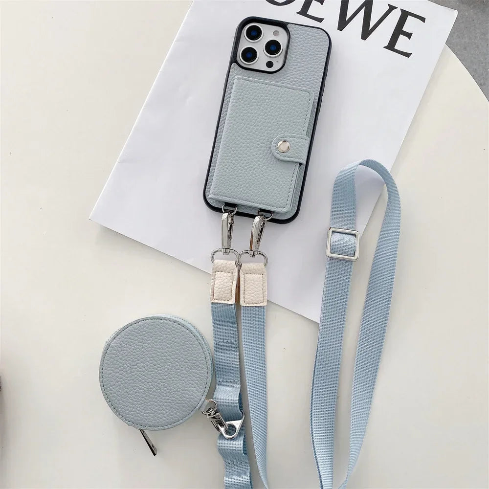 Premium iPhone Case Crossbody Wallet Cover PU Leather RFID Card Holder Coin Pocket Magnetic Closure Shoulder Strap Shockproof Full Protection Slim Design