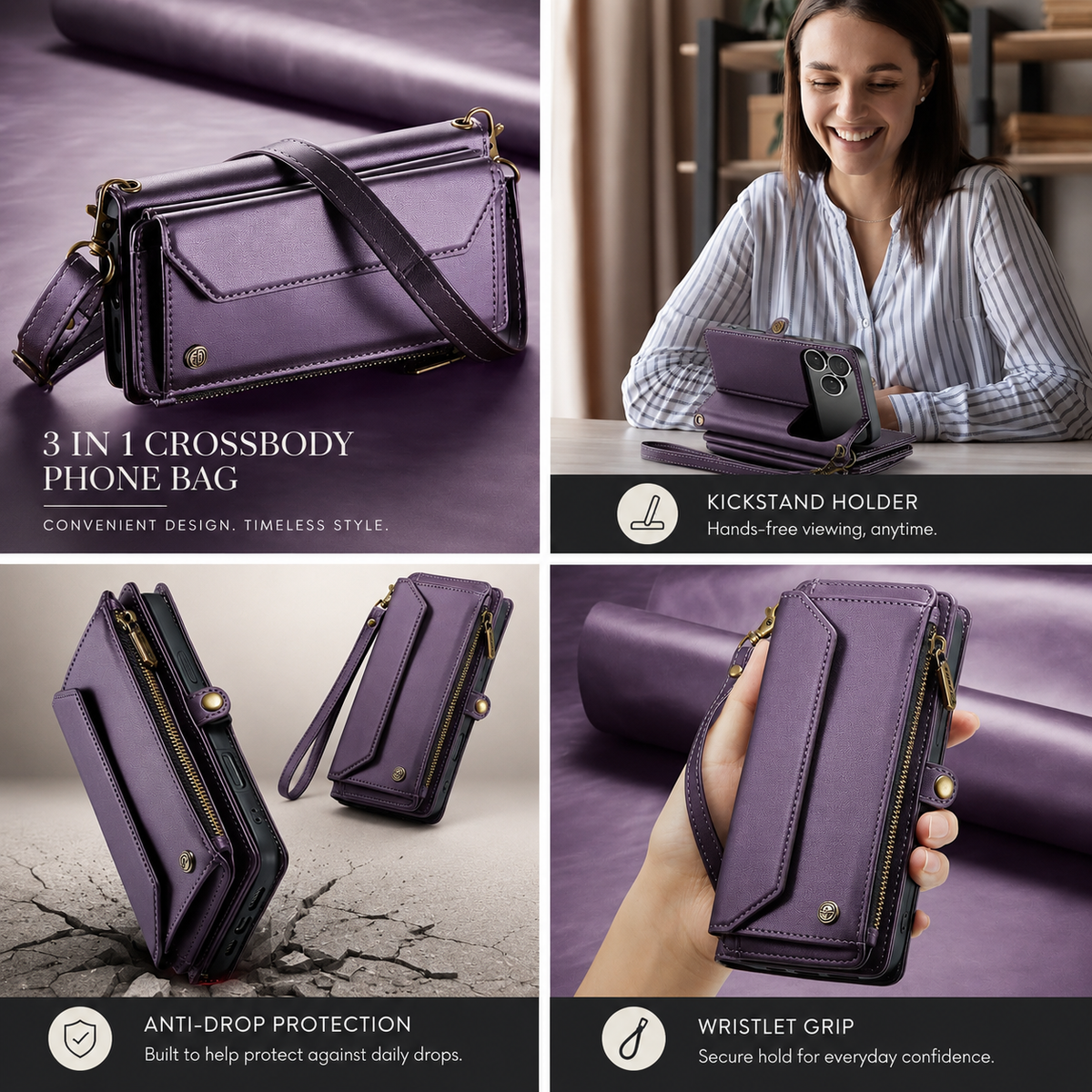 Premium iPhone Case Crossbody Wallet Cover RFID Blocking PU Leather Card Holder Shoulder Lanyard Wrist Strap Shockproof Full Coverage Protective Design