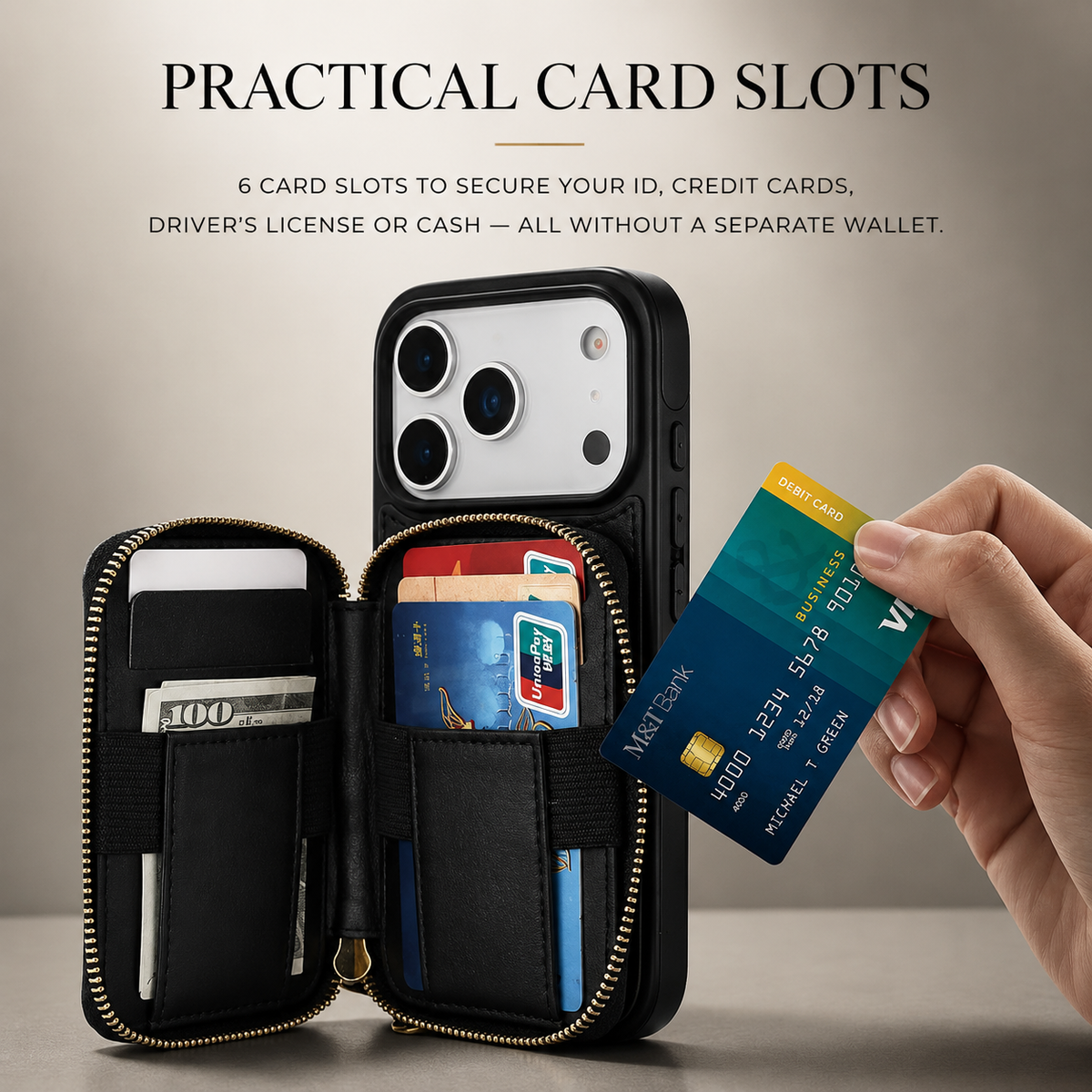 Premium iPhone Case Crossbody Wallet Folio Cover RFID Blocking Card Holder Zipper Kickstand Wrist Strap Shockproof Protective Full Coverage