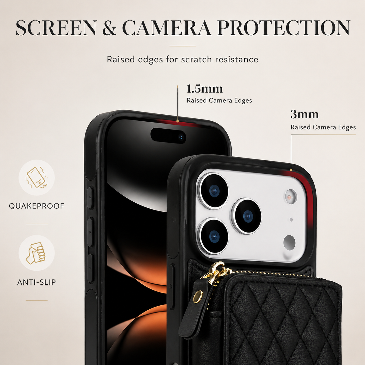 Premium iPhone Case Crossbody Wallet Folio Cover RFID Blocking Card Holder Zipper Kickstand Wrist Strap Shockproof Protective Full Coverage